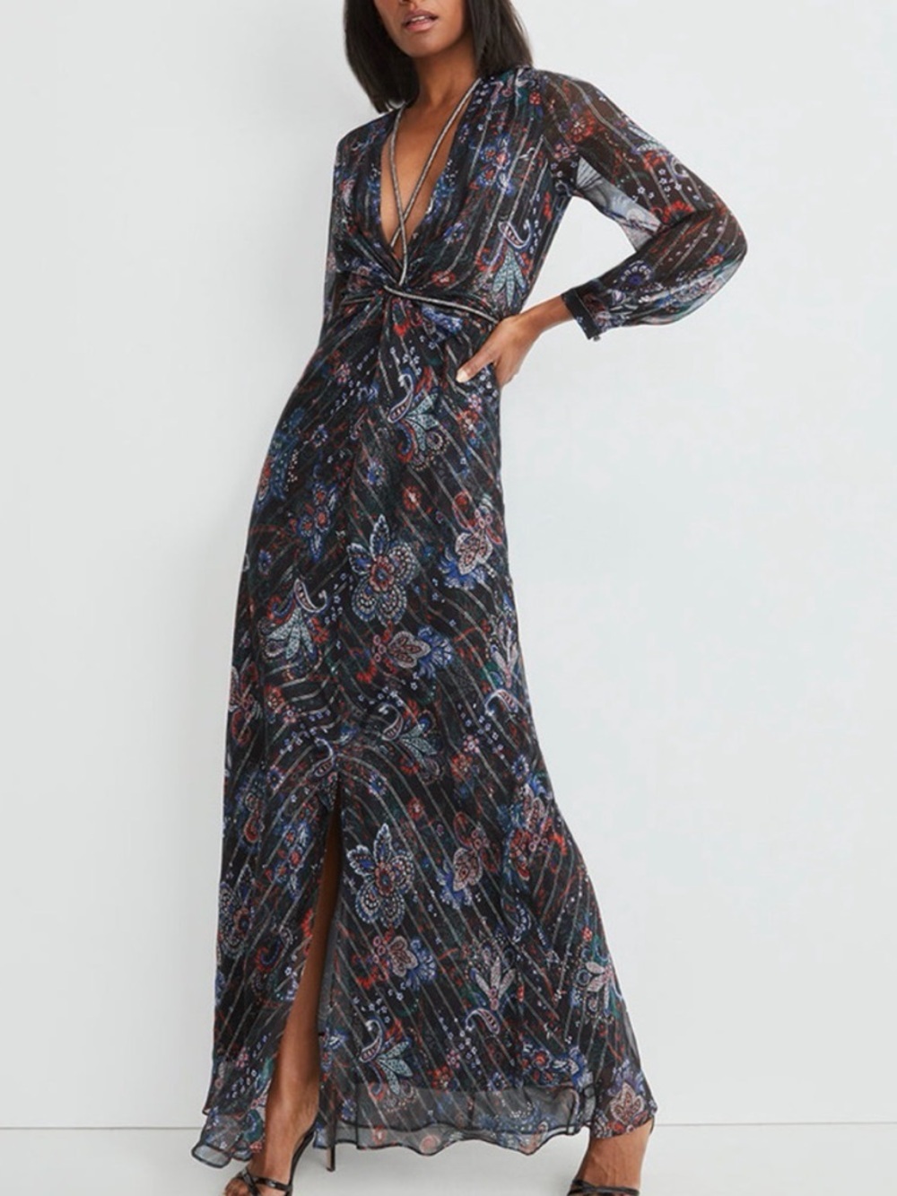 Veronica Beard Kaira Dress long sleeve V neck maxi dress size 2 silk